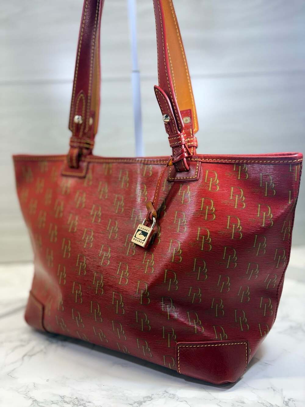 Dooney & Bourke Red Gretta Signature DB Coated Canvas Tote Bag